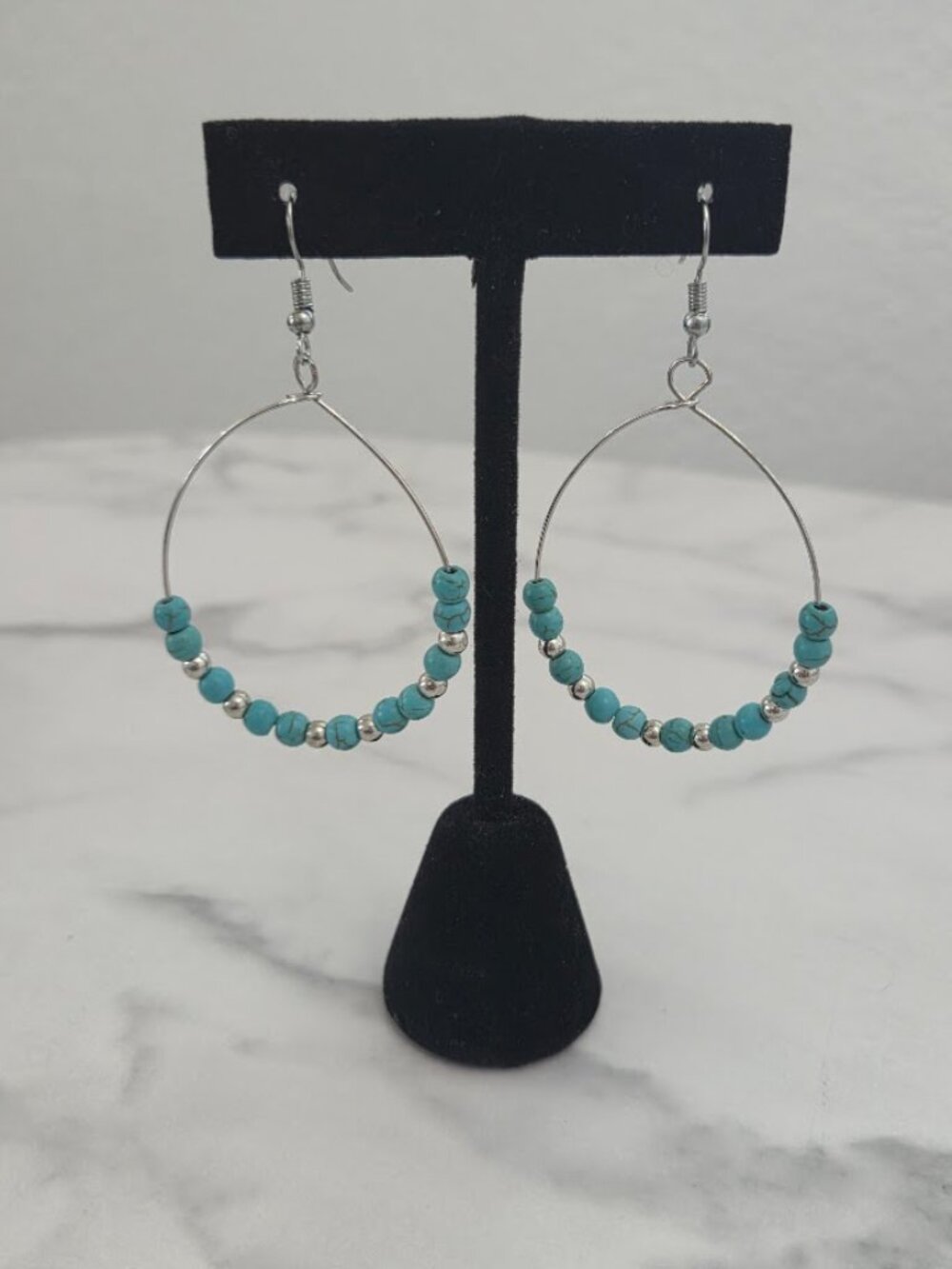 Casual Paparazzi Silver Tone Hoop Earrings with Turquoise Style Beads - Picture 7 of 10